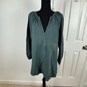 O'Neill Krysten Gauze Tunic Top Teal Green V Neck Button Front Long Sleeve M